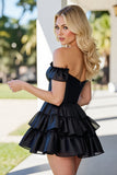 Black Tiered Corset Short Cocktail Dress with Ruffles