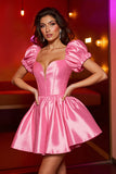 Pink Satin A Line Puff Sleeves Corset Short Cocktail Dress