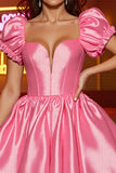 Pink Satin A Line Puff Sleeves Corset Short Cocktail Dress
