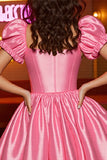 Pink Satin A Line Puff Sleeves Corset Short Cocktail Dress