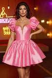 Pink Satin A Line Puff Sleeves Corset Short Cocktail Dress