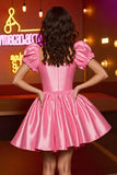 Pink Satin A Line Puff Sleeves Corset Short Cocktail Dress