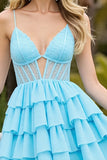 Light Blue Chiffon Corset Tiered Short Cocktail Dress with Ruffles
