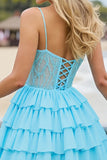 Light Blue Chiffon Corset Tiered Short Cocktail Dress with Ruffles