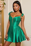 Dark Green Satin Corset A Line Mini Coctail Dress with Bows
