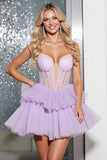 Lilac Tulle A Line Corset Tiered Short Cocktail Dress with Ruffles
