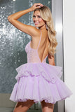 Lilac Tulle A Line Corset Tiered Short Cocktail Dress with Ruffles