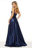 Navy A Line Spaghetti Straps Long Formal Dress with Slit