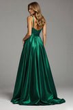 A Line Dark Green Satin Ruched Long Formal Dress with Slit
