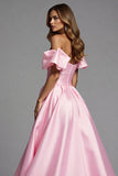 Pink Satin Ball Gown Off the Shoulder Ruffled Long Formal Dress