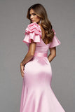 Pink Satin Ruffled Long Mermaid Formal Dress with Slit