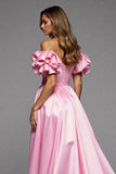 Pink A Line Ruffled Off The Shoulder Long Formal Dress with Slit