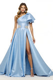 Sparkly Blue Satin A Line Ruffled Long Formal Dress with Slit