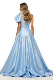 Sparkly Blue Satin A Line Ruffled Long Formal Dress with Slit