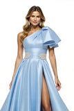 Sparkly Blue Satin A Line Ruffled Long Formal Dress with Slit