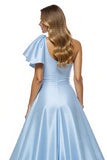 Sparkly Blue Satin A Line Ruffled Long Formal Dress with Slit