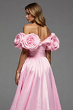 Pink Satin A Line Long Floral Formal Dress with Slit