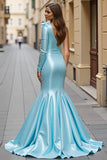 Blue Satin Mermaid One Shoulder Long Formal Dress with Bow