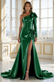 Blue Mermaid Satin One Shoulder Long Formal Dress with Sleeves