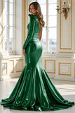 Blue Mermaid Satin One Shoulder Long Formal Dress with Sleeves