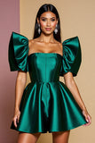 Dark Green Ruffled Sleeves Satin A Line Mini Cocktail Dress