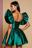 Dark Green Ruffled Sleeves Satin A Line Mini Cocktail Dress