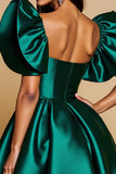 Dark Green Ruffled Sleeves Satin A Line Mini Cocktail Dress