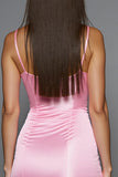 Pink Satin Bodycon Floral Mini Cocktail Dress with Ruffles