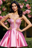 Sparkly Pink Corset Satin Strapless A Line Mini Cocktail Dress
