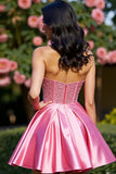 Sparkly Pink Corset Satin Strapless A Line Mini Cocktail Dress