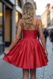 Red A Line Satin Spaghetti Straps Floral Mini Cocktail Dress
