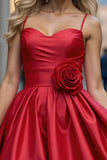 Red A Line Satin Spaghetti Straps Floral Mini Cocktail Dress