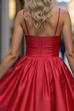 Red A Line Satin Spaghetti Straps Floral Mini Cocktail Dress