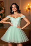 Light Green Appliqued Corset Off The Shoulder Short Cocktail Dress