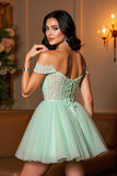 Light Green Appliqued Corset Off The Shoulder Short Cocktail Dress