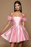 Pink Off The Shoulder Satin Ruffles Sleeves Short Cocktail Dress