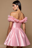 Pink Off The Shoulder Satin Ruffles Sleeves Short Cocktail Dress