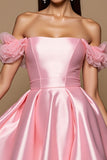 Pink Off The Shoulder Satin Ruffles Sleeves Short Cocktail Dress