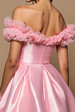 Pink Off The Shoulder Satin Ruffles Sleeves Short Cocktail Dress