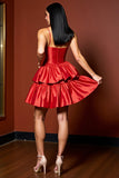 Red A Line Tiered Ruffled Satin Short Cocktail Dress