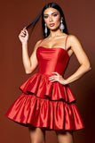Red A Line Tiered Ruffled Satin Short Cocktail Dress