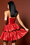 Red A Line Tiered Ruffled Satin Short Cocktail Dress