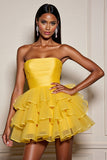 Yellow A Line Tulle Tiered Strapless Short Cocktail Dress