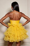 Yellow A Line Tulle Tiered Strapless Short Cocktail Dress
