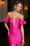 Fuchsia Satin Bodycon Off The Shoulder Mini Cocktail Dress