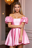 Pink Satin A Line Off The Shoulder Short Cocktail Dress