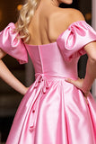 Pink Satin A Line Off The Shoulder Short Cocktail Dress