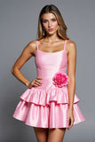 Pink A Line Tiered Satin Short Cocktail Dress with 3D Flowers