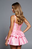 Pink A Line Tiered Satin Short Cocktail Dress with 3D Flowers