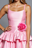 Pink A Line Tiered Satin Short Cocktail Dress with 3D Flowers